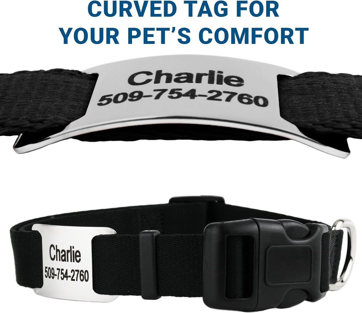 GoTags Reflective Personalized Dog Collar with Nameplate, Adjustable Dog Collar with Custom Engraved Steel Slide On Pet ID Tag, Silent, No Noise Dog Tag for Large Medium or Small (Charcoal, Small)