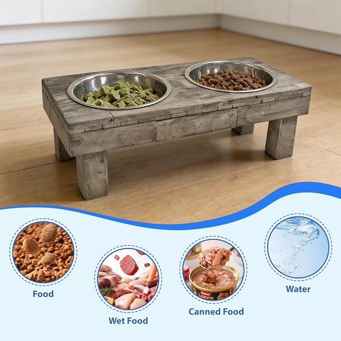 Pet Berjen Table Elevated Double Bowl Pet Feeder, Brown Wash (Large) (02189)