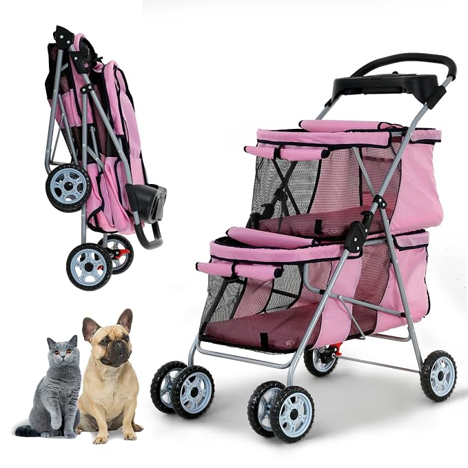 Double Pet Stroller for Small Medium Dogs, 4 Wheels Folding Travel Carrier Cage with Cup Holder for 2 Doggie Puppy Or Two Kitty, Pink