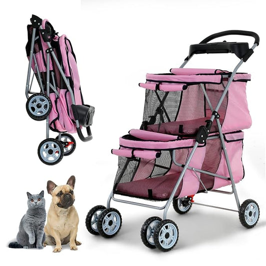 Double Pet Stroller for Small Medium Dogs, 4 Wheels Folding Travel Carrier Cage with Cup Holder for 2 Doggie Puppy Or Two Kitty, Pink