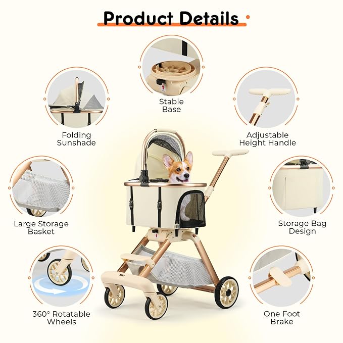 Pet Stroller for Small Dogs - 3 In1 Dog Stroller with Adjustable Handle and Detachable Carrier Car Seat, Foldable Cat Stoller with 5" Lockable All-Terrain Wheels