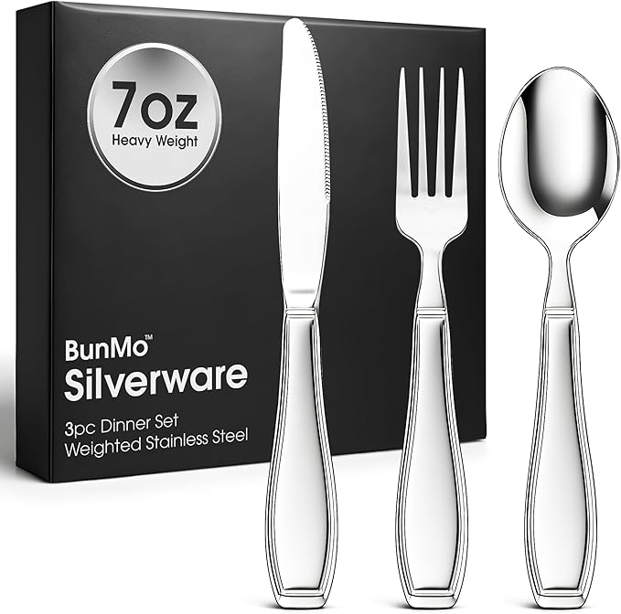 BUNMO Weighted Utensils for Hand Tremors - Elderly, Weak Hand Grip & Handicapped - Stainless Steel - Eat Independently
