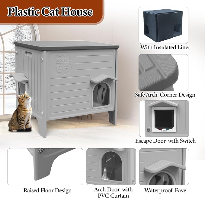 Insulated Cat House Outdoor, Large Plastic Cat Shelter Outside for Winter | Weatherproof, with Escape Door, Plastic Insulated Cats House Indoor Outdoor