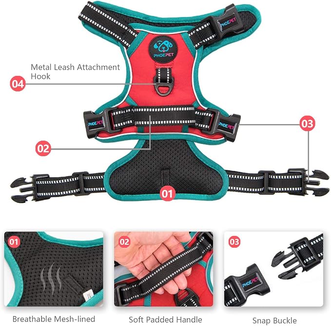 Upgraded No Pull Dog Harness, Reflective Adjustable Vest | with a Training Handle + 2 Metal Leash Hooks+ 3 Snap Buckles +4 Slide Buckles(M, Red)