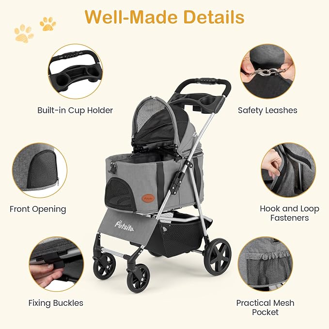 PETSITE 3-in-1 Pet Stroller for Small Medium Dogs, One-Click Foldable Dog Stroller with Detachable Carrier, Cup Holder & Storage Basket, Safety Leash, One-Step Rear Brake, Breathable Window (Grey)