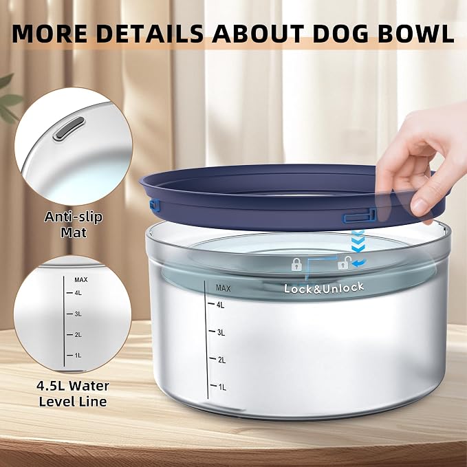 Decflow 1.2Gallon Dog Water Bowl No Spill, 4.5L Large Capacity Spill Proof Dog Bowls with Transparent Floating Disk, No Splash Slow Drinking Dog Bowl for Sloppy Messy Drinkers