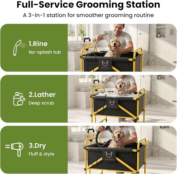 Foldable Dog Bath Cart for Dirty Outdoor Dogs,Adjustable Height pet Bath Cart for Small and Medium Dogs(5-55 lbs) and Cats,Four-Wheel Bathing Cart with Brake,No Need to Carry Your Muddy Pup Home
