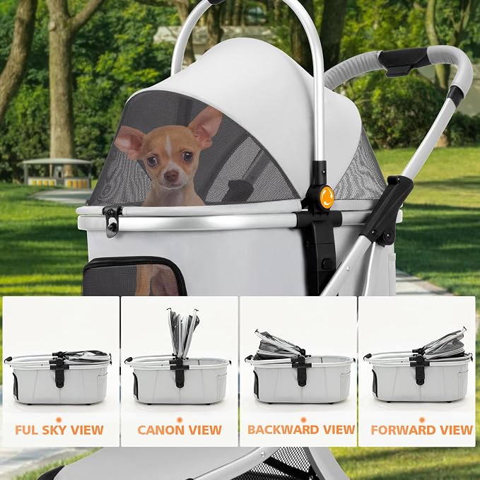 3 in 1 Pet Stroller for Small/Medium Dogs & Cats with Detachable Carrier, Storage Basket and Pet Pad, 4 Wheels Foldable Pet Travel Carrier for Car Seat & Hand Carry, Safe Outings (Grey)