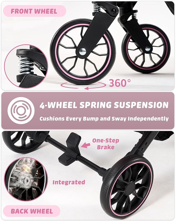 797Audio Dog Cat Stroller for Small Medium Pets,3-in-1 Foldable Pet Stroller with Detachable Carrier,Car Seat,One Click Folding,All-Terrain 4 Wheels,Adjustable Canopy with Sun Shades,Max 121lbs(Pink)