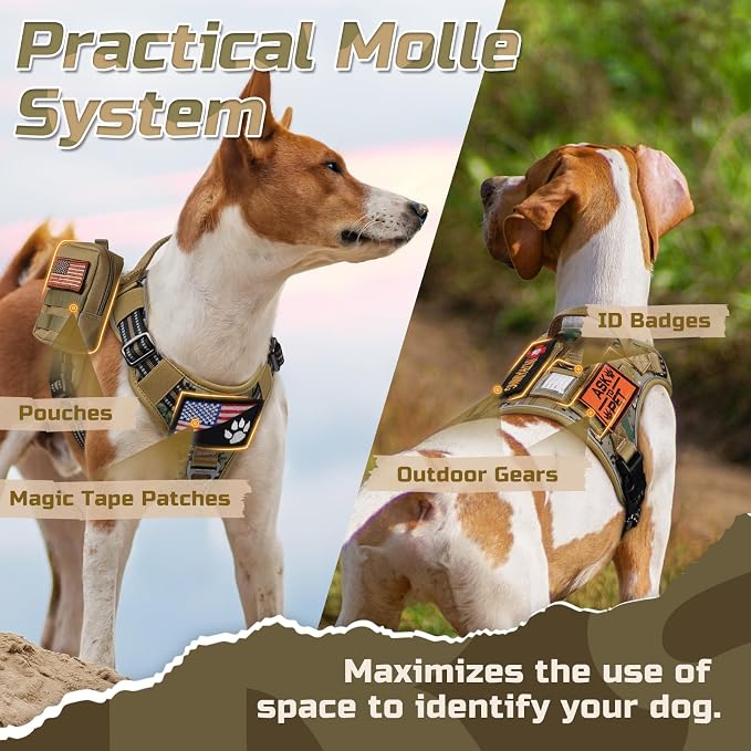 rabbitgoo Tactical Dog Harness for Large, No Pull Military Service Vest | Molle & Handle, Heavy Duty, Adjustable, Reflective Straps, Easy Control for Training Walking, Brown camo, Large