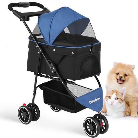 Pet Stroller,Dog Stroller for Small Medium Dogs Cats,3 Wheels,Foldable,with Breathable Mesh Canopy,Cup Holders,Easy Assembly (Blue+Black)