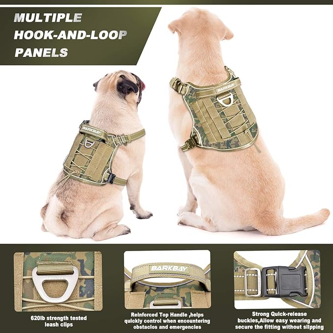 Tactical Dog Harness Large,Military Service Weighted Dog Vest Harness Working Dog MOLLE Vest with Loop Panels,No-Pull Training Harness with Leash Clips for Walking Hiking Hunting(Camo,XL)