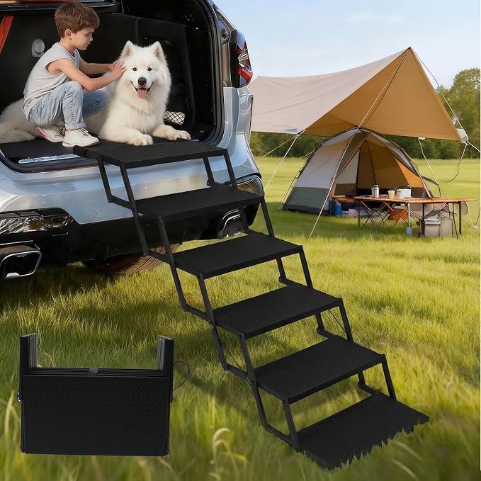 Dog Steps for Car, Truck, SUV, Dog Ramps for Cars with High Traction Surface, Portable Waterproof Dog Stairs for Large Dogs, Supports Up to 200 lbs, 6 Steps