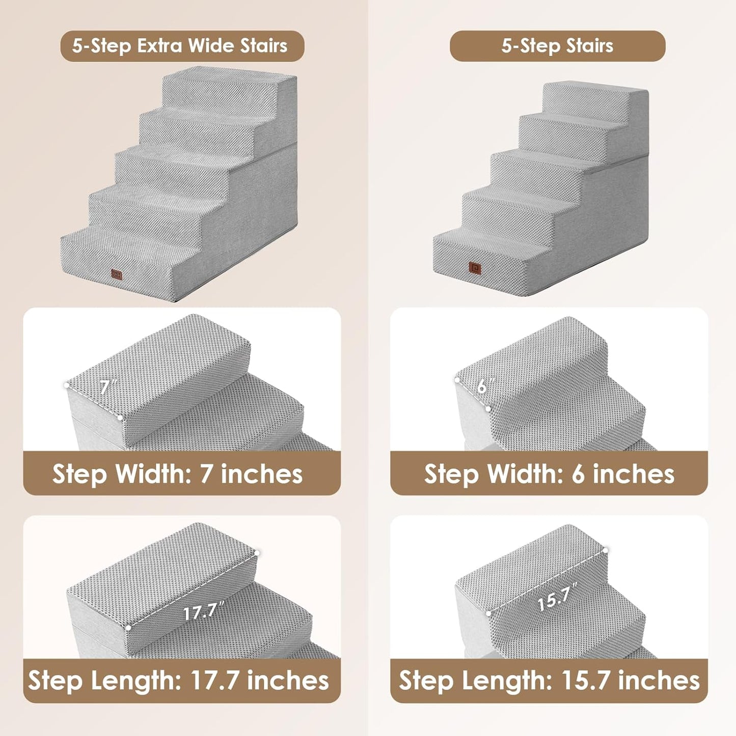 EHEYCIGA Dog Stairs for High Bed 25" H, 5-Step Extra Wide Dog Steps for Bed, Pet Steps for Small Dogs and Cats, Non-Slip Balanced Pet Ramp Indoor, Light Grey