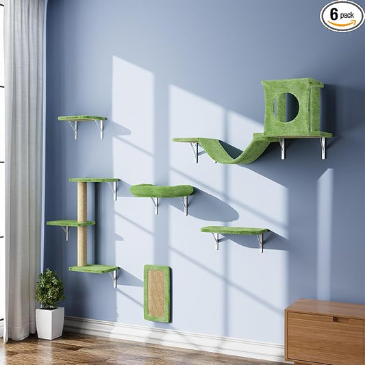 6-in-1 Cat Wall Shelves, Wall Mounted Cat Climber with Condo House, Scratching Post, Bridge Ladder, Space-Saving Indoor Play Furniture for Kittens, Green