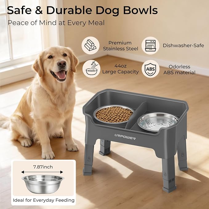 URPOWER Mess Proof Elevated Dog Bowls, Splash Guard Raised Bowl Stand | 4 Adjustable Heights, 2 Stainless Steel Bowls, Food & Water Separation, Foldable Design Non-Slip for Small Medium Large Dogs