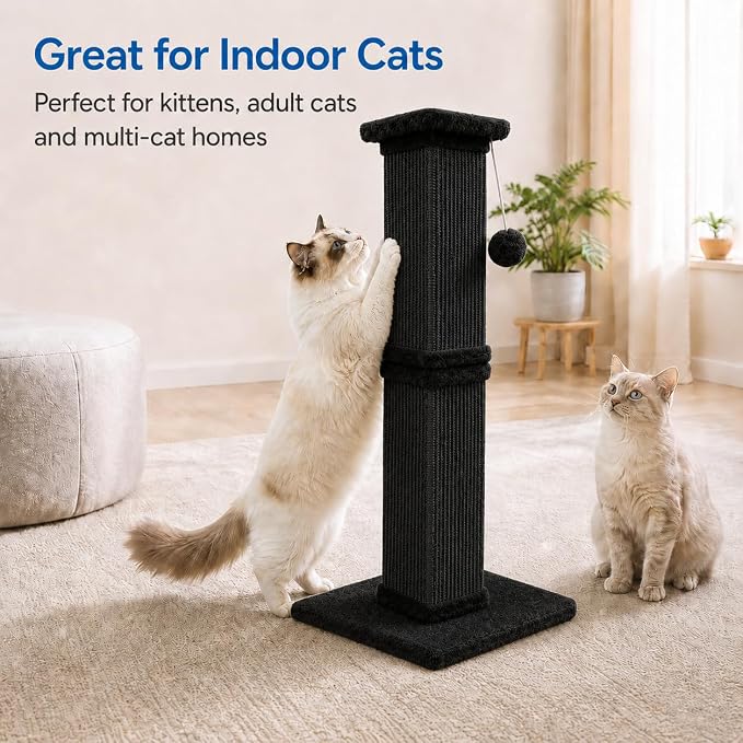 Vertical Cat Scratching Post for Indoor Cats, Sisal Scratch Tower with Soft Plush Base & Ball, 32'' Tall Cat Scratcher Column for Kittens and Adult Cats, Furniture Protection, Full Black