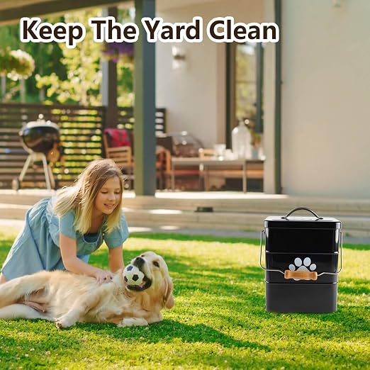 Metal Dog Poop Trash Can Outside,1.5Gal/6L Dog Waste Trash Can with Lid/Filter/Handle,Pet Waste Container Bucket with 75 Trash Bags-Black