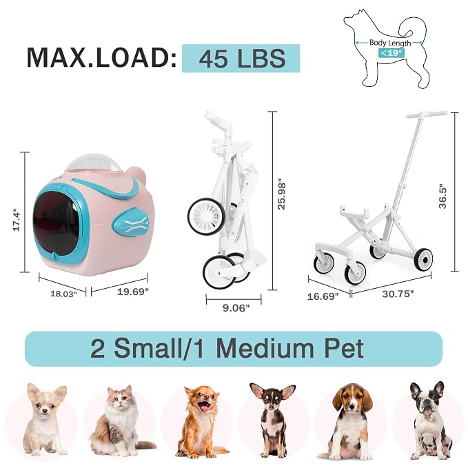 4 in 1 Foldable Pet Stroller with Detachable Carrier for Small Dogs & Cats, Space Capsule Travel Stroller with Inbuilt Fan,Temperature Display & Night Light,Puppy Kitty Doggie Bunny Stroller(Pink)