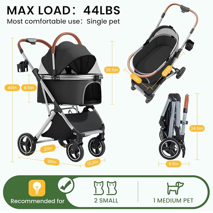 Dog Strollers for Small Medium Dogs Cats 44 lbs,3-in-1 Detachable Pet Carrier Stroller,4 Wheels One-Hand Fold Travel Carriage with Storage Basket,Pet Pad,Cup Holder(Black)