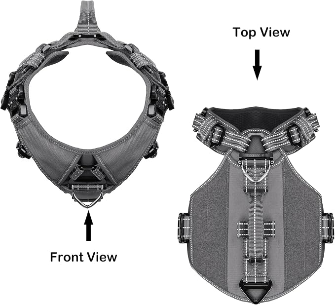 ICEFANG Quick-Moving Tactical Dog Harness for Large Dogs,No Pull Dog Vest | Control Handle,Reflective,Full Metal Buckles,Adjustable,Hook-and-Loop Panel,Soft Padded,Grey,Large