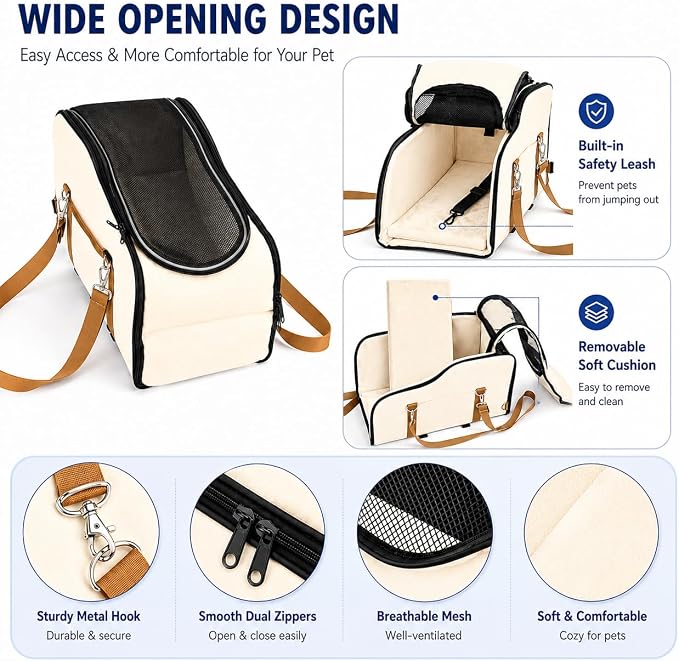 Center Console Pet Carrier for Small Dogs & Cats, Dog Car Seat with Foldable Top Window and Non-Slip Safety Straps, Travel Backpack