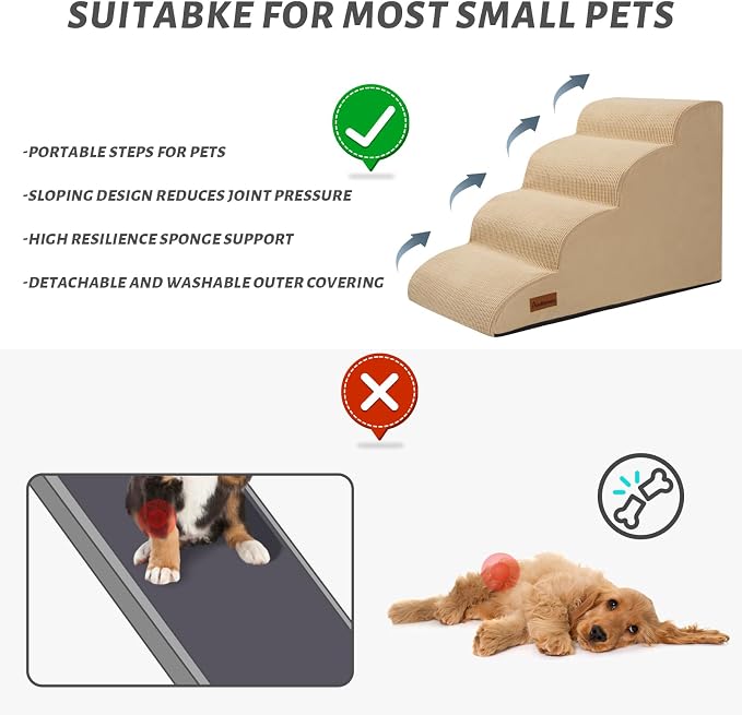 Aodisman Dog Steps for Bed or Couch,4-Step Pet Stairs Ramp for Small Dogs | 17.4" H Indoor Non-Slip Dog Stairs Help Senior Dogs,Short-Legged Breeds,Puppies and Cats to Reach Beds and Chairs,Grey,Khaki