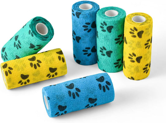 WePet Pet Wrap, Self-Adhesive, Only Sticks to Itself, Non-Woven Tape for Dog Legs, Paws, Wounds, First Aid Cohesive Gauze for Horse, Cat, Bird, Animal, 6 Rolls, 4 Inch, Pawprints A