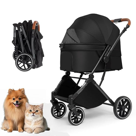 Pet Stroller for Small/Medium Dogs & Cats Up to 50 lbs, 4-Wheel One-Click Foldable Pet Stroller with Reversible Handle, Removable Pad, Cup Holder and Storage Basket (Black)