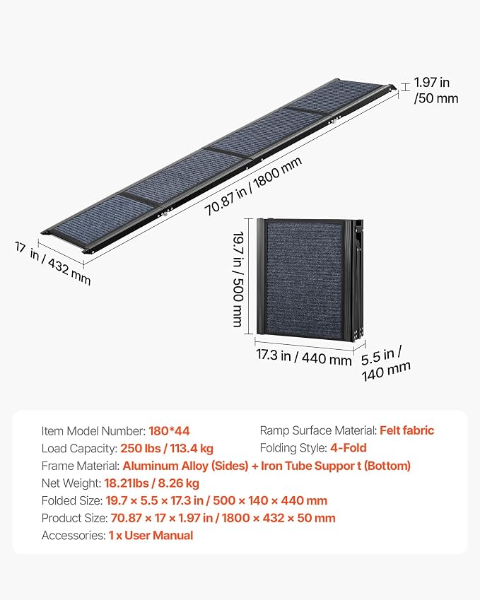 VEVOR Dog Ramp for Cars, 71" L x 17" W, Folding Pet Ramps for Medium & Large Dogs up to 250lbs, Pet Stair Ramp with Non-Slip Felt Rug Surface, Portable Outdoor Dog Car Ramps for SUV & Truck
