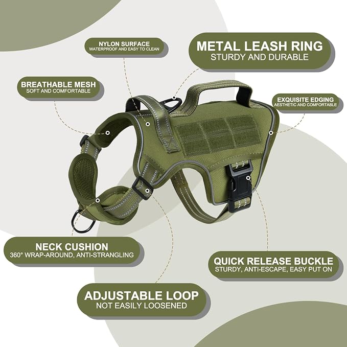 Dog Harness, Tactical No Pull for Small Sized Dog with Handle | Breathable Soft Padded, Adjustable, Reflective, Molle System, Heavy Duty, No Choke for Walking Training, Green Small