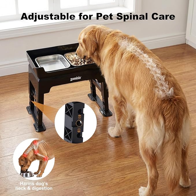 ZOMISIA Elevated Dog Bowls with No Spill Water Bowl, 6 Height Adjustable | 3-in-1 Dog Bowl Stand, Mess Proof Double Deck Design, 2 Stainless Steel Bowls, Licking Plate, For Small Medium Large Pets