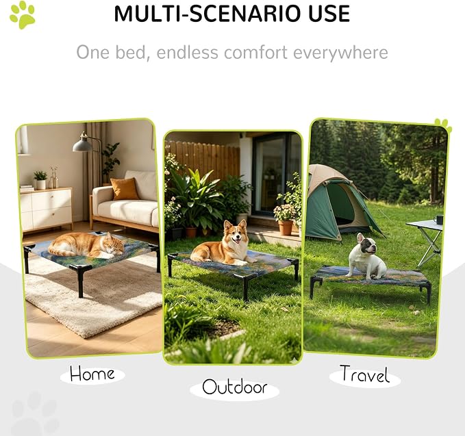 Outdoor Elevated Dog Bed for Medium Dogs, Tropical Mountain Breathable Cooling Raised Dog Cot for Indoor/Outdoor, Farmhouse Nature Trees Flowers Blue Sky Waterproof Elevated Pet Beds, M 24 x 20 in