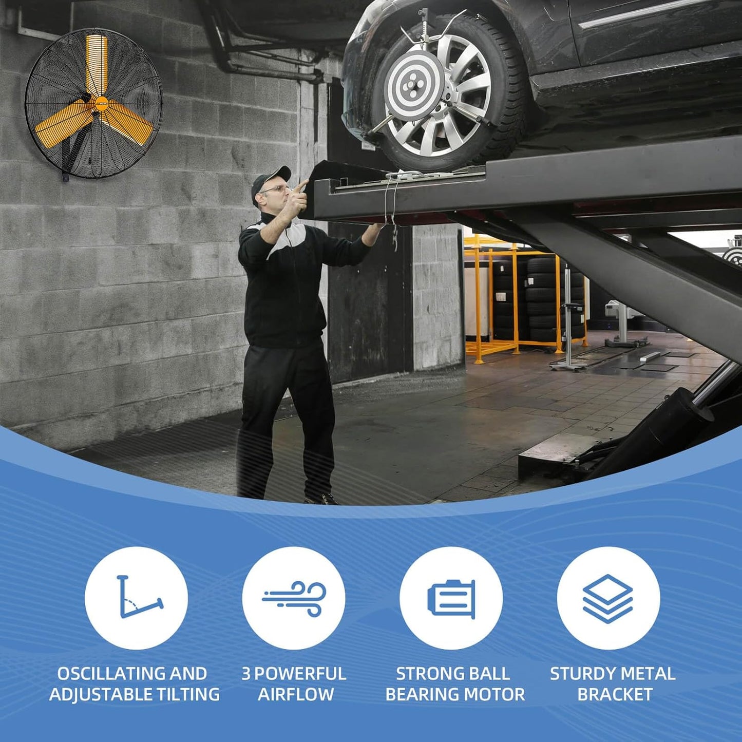 30 inch Oscillating High Velocity Wall Mount Fan, 8550 CFM Industrial Heavy Duty Metal Wall Fans, 3 Speeds, Adjustable Height and Tilt, Commercial Shop Fan for Garage, Workshop