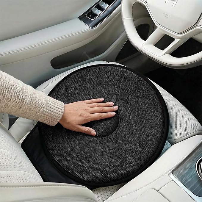 360 Degree Swivel Car Seat Cushion, Round Rotating Non Slip Vehicle Chair Pad for Elderly Support, Portable Removable Automotive Interior Seat Assist Pad, Universal for Sedan RV Truck (Black)