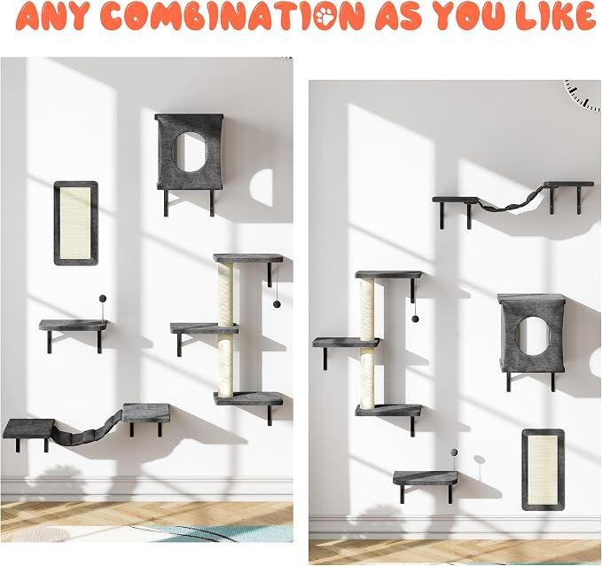 10 Pcs Cat Wall Shelves Set, Wall-Mounted Climber with Cat House, Scratching Post, Bridge, Hammock, Space-Saving Play Furniture, Grey