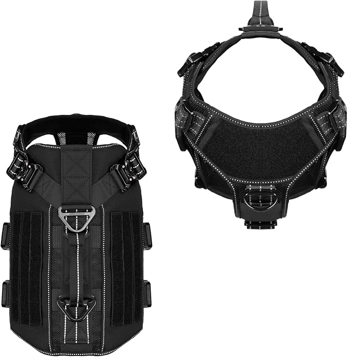 ICEFANG Tactical Mesh Dog Harness for Large Dogs,Reflective Dog Molle Vest | Summer-Cooling, Control Handle,Adjustable,Front Hook,3 Leash Clips,Soft Padded,No Pull,Black,Large