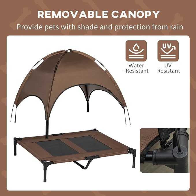 PawHut Elevated Dog Bed with Removable Canopy, Outdoor Dog Cot with UV Protection Canopy Shade, 36 inch Large Pet Bed for Camping, Coffee | Large Pet Bed, Outdoor Dog Cot, UV Protection Shade, Camping