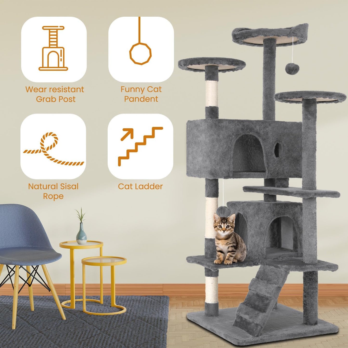 54.7 Inches Cat Tower for Indoor Cats, Multi-Level Cat Condos with Scratching Posts, Hanging Toys, Light Gray