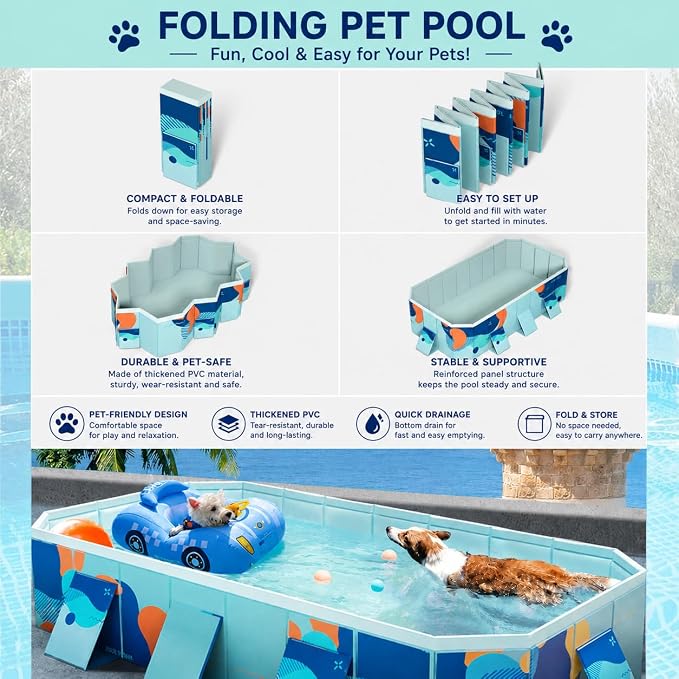 61" Foldable Dog Bath Pool, Non-Inflatable Hexagonal Pet Bath Tub for Medium to Large Dogs, Thickened PVC Collapsible Dog Pool with Drain Hole, Non-Slip Base, Portable Outdoor Wash Station