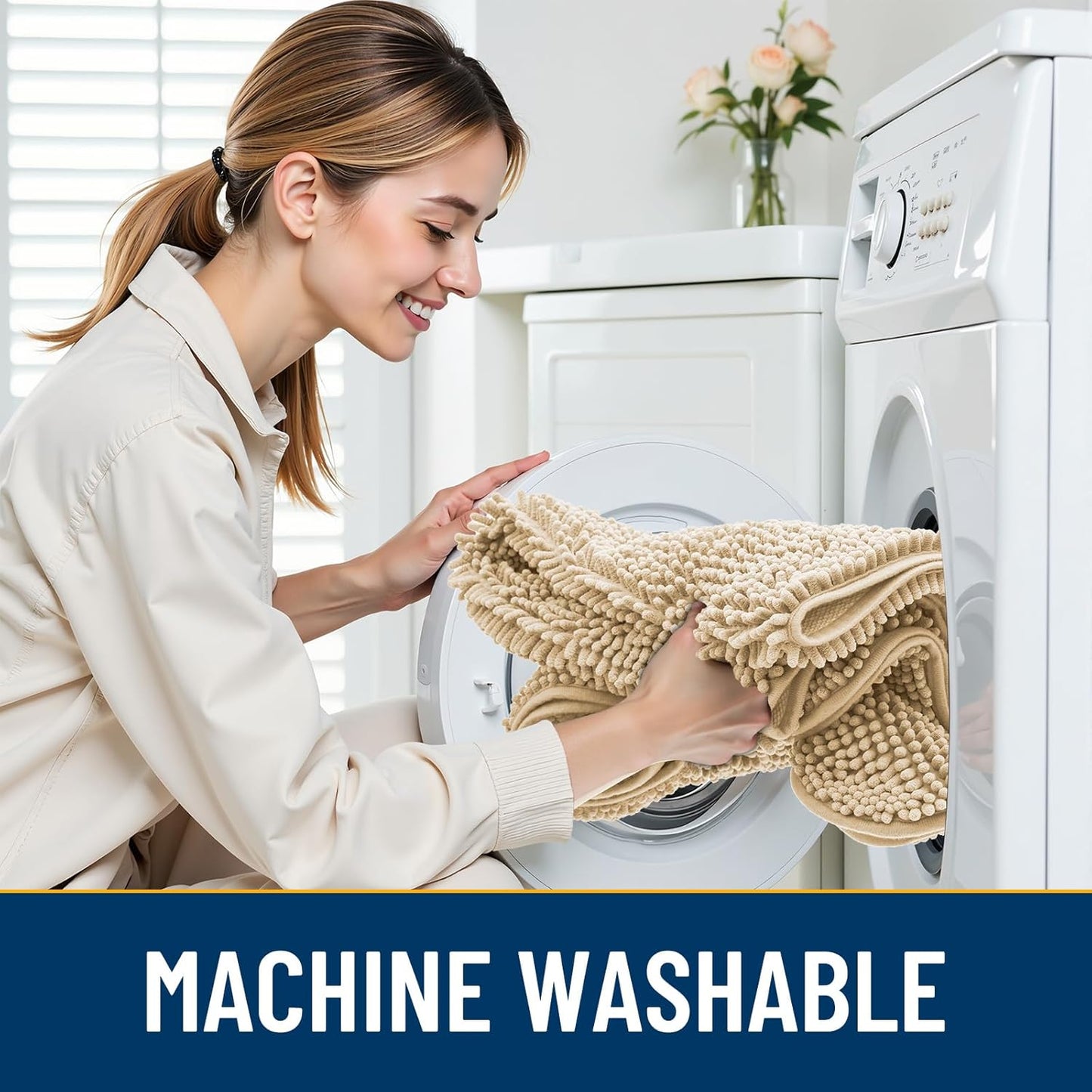 Smiry Dog Door Mat for Muddy Paws 47x17, Absorbs Moisture and Dirt Doormat, Non-Slip Washable Quick Dry Chenille Front Door Mat Indoor Entrance, Entryway Carpet for Inside Floor, Beige