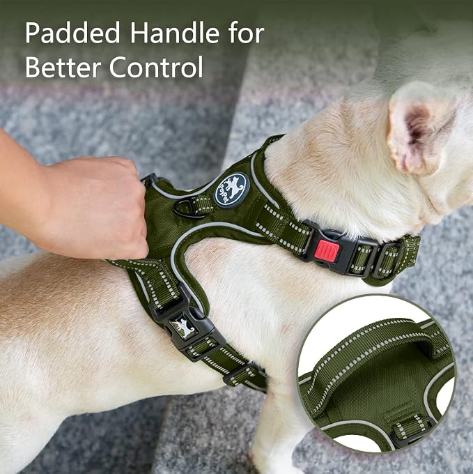 PoyPet No Pull Dog Harness, Reflective Vest with 2 Leash Clips & Handle | Lockable Neck Release Buckle, No Choke, Adjustable, Soft Padded, for Walking Training, Military Green, X-Small