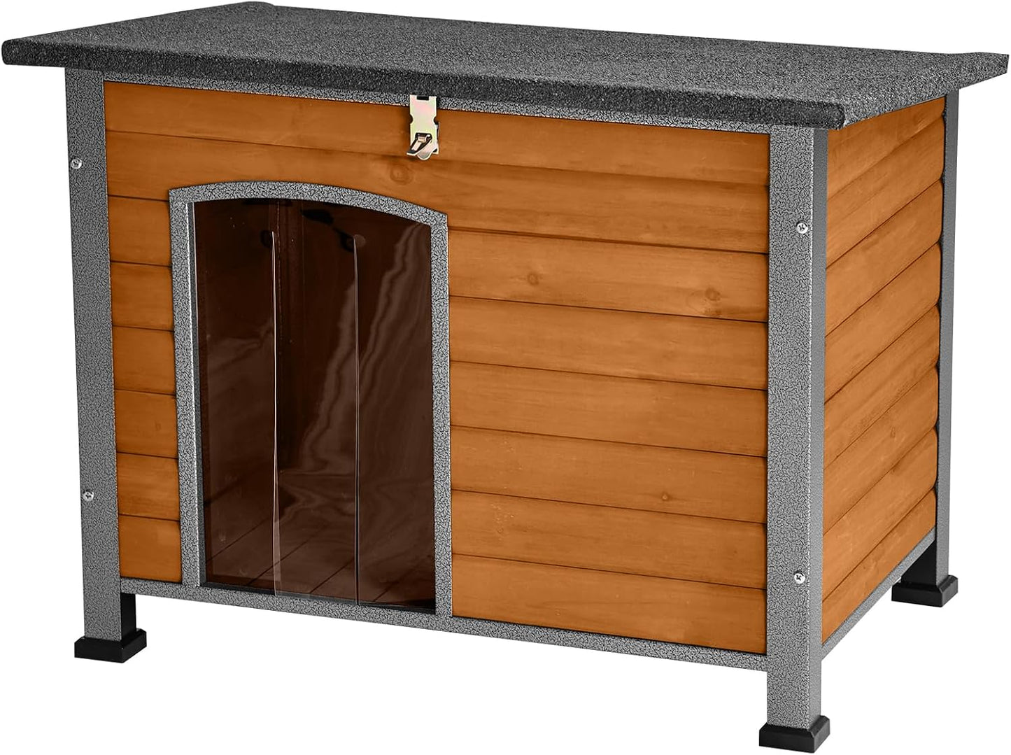 Indoor Outdoor Dog House,Anti-Chewing Iron Frame Dog Kennel,Wood Warm Pets Home,Weatherproof Outside Shelter for Feral Animal 33.5" (L) X 22" (W) X 25.2" (H) Brown