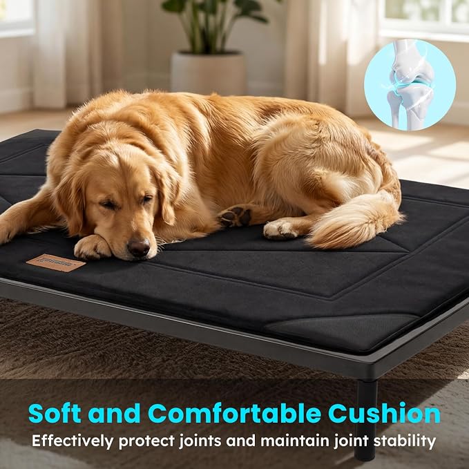 ZOMISIA Chew Proof Elevated Dog Bed for Large Dogs, 42" x 27" x 5", Black | Indestructible Raised Pet Cot for Indoor & Outdoor Use, with Removable Waterproof Padded, Non-Slip & Washable, Easy to Clean