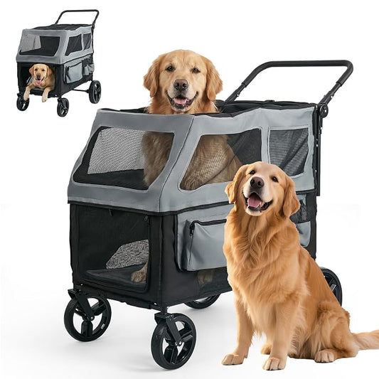 Large Dog Stroller for Medium & Large Dogs up to 350 lbs,Foldable Pet Wagon | Rear Ramp for Senior Dogs,Adjustable Handle,Washable Pad,All Terrain Wheels,Breathable Mesh Doors & Multiple Storage Pockets