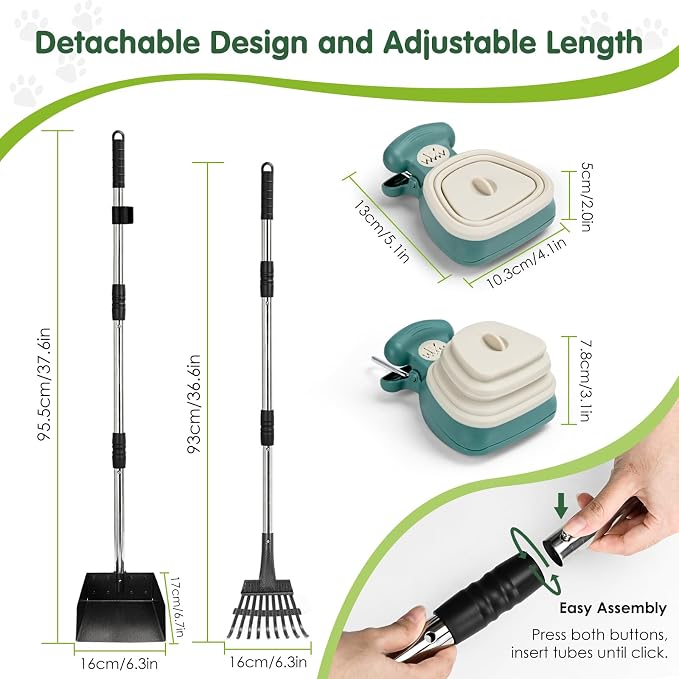lychee Heavy Duty Stainless Metal Dog Pooper Scooper Tray and Rake Set for Yard- Portable Pooper Scooper for Small to Medium Dogs, Adjustable Long Handle,Rust-Proof, with Bag Attachment, Leash Clip