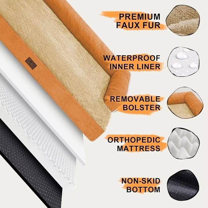 Orthopedic Waterproof Jumbo Dog Bed with Bolster for Extra Large Dogs | Pillow Support for Neck Relief, Egg Crate Foam, Waterproof Liner, Anti-Slip Bottom, Removable Bolster Cover, 53 x 42 Inch