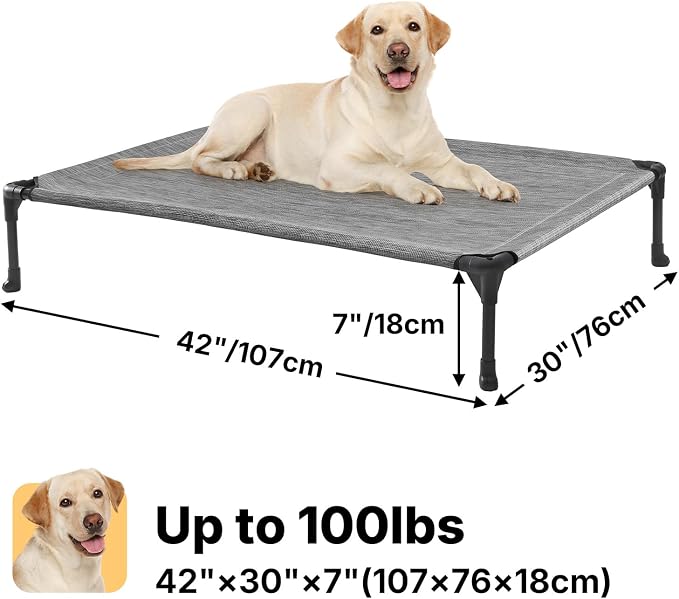 Veehoo Outdoor Elevated Dog Bed Large Sized Dogs, Cooling Raised Dog Cots | Off-ground training platform, portable camping hammock, breathable mesh, easy to clean, no-tool setup, 42"x30", Black Silver