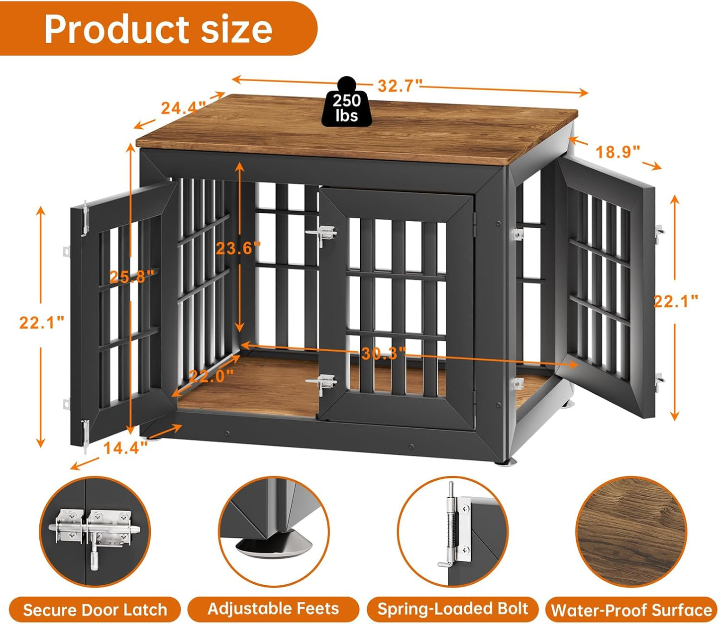 32" Heavy Duty Dog Crate Furniture for Small,Medium and Large Dogs,Rustic Wooden Dog Cage Kennel Indoor Furniture with Waterproof Top,Decorative Pet House Side End Table (Black & Wood)