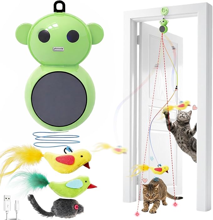 Interactive Cat Toys for Indoor Cats - 2 in 1 Automatic Cat Toy with Flying Bird，Smart Moving Wand Toy with 2 Modes, Auto On/Off Hanging Safe Toys for Bored Kitten & Adult Cats (Green)